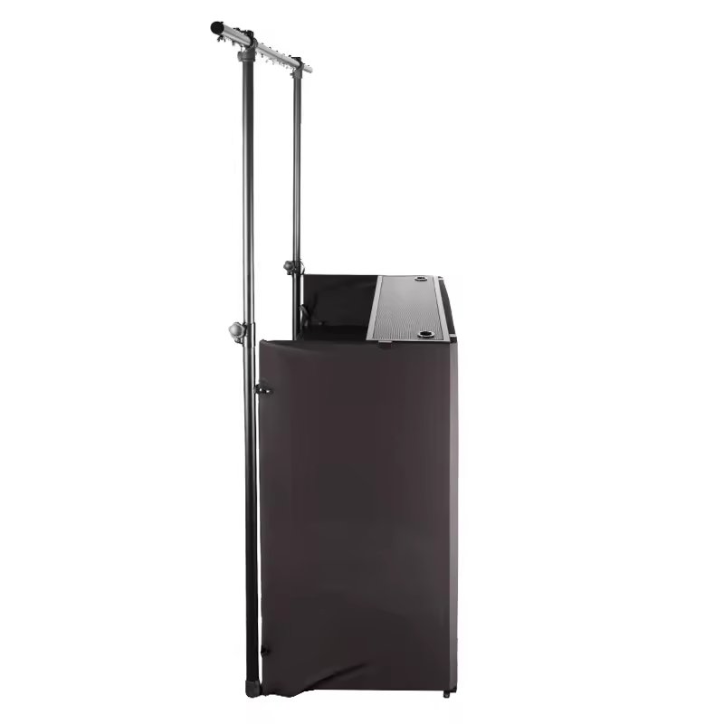 DJ Booth Portable equipped with Event Facade White/Black Scrim Curtain, Metal Frame, TV Stand, and Lighting Stand
