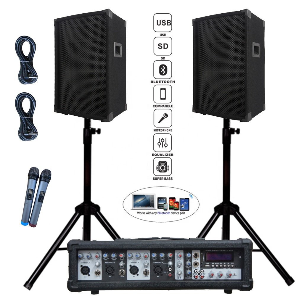 Professional audio 1000W 2X12"Subwoofer PA speaker system BT TWS karaoke sets dj system 4 channel powered mixer bocina parlant