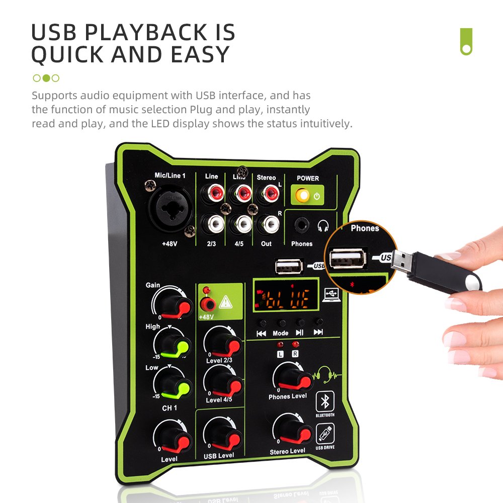 Mini 5 channel mixer + 48V phantom power USB bluetooth DJ stage computer recording workstation audio sound cards & mixers