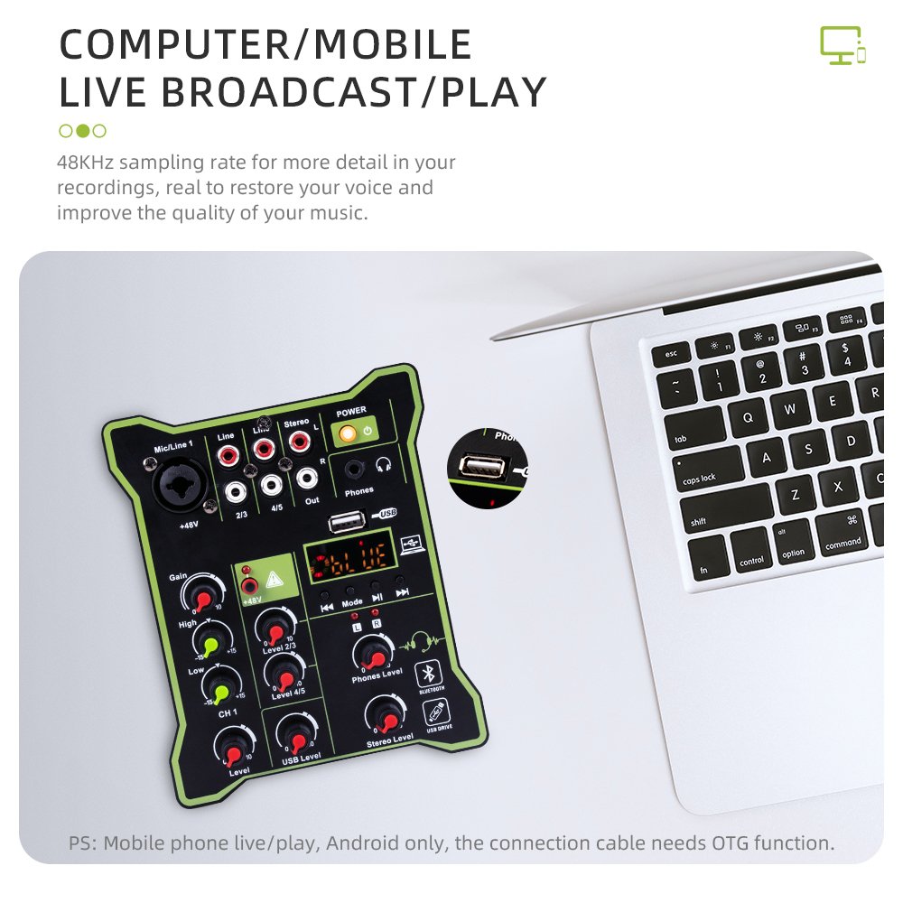Mini 5 channel mixer + 48V phantom power USB bluetooth DJ stage computer recording workstation audio sound cards & mixers