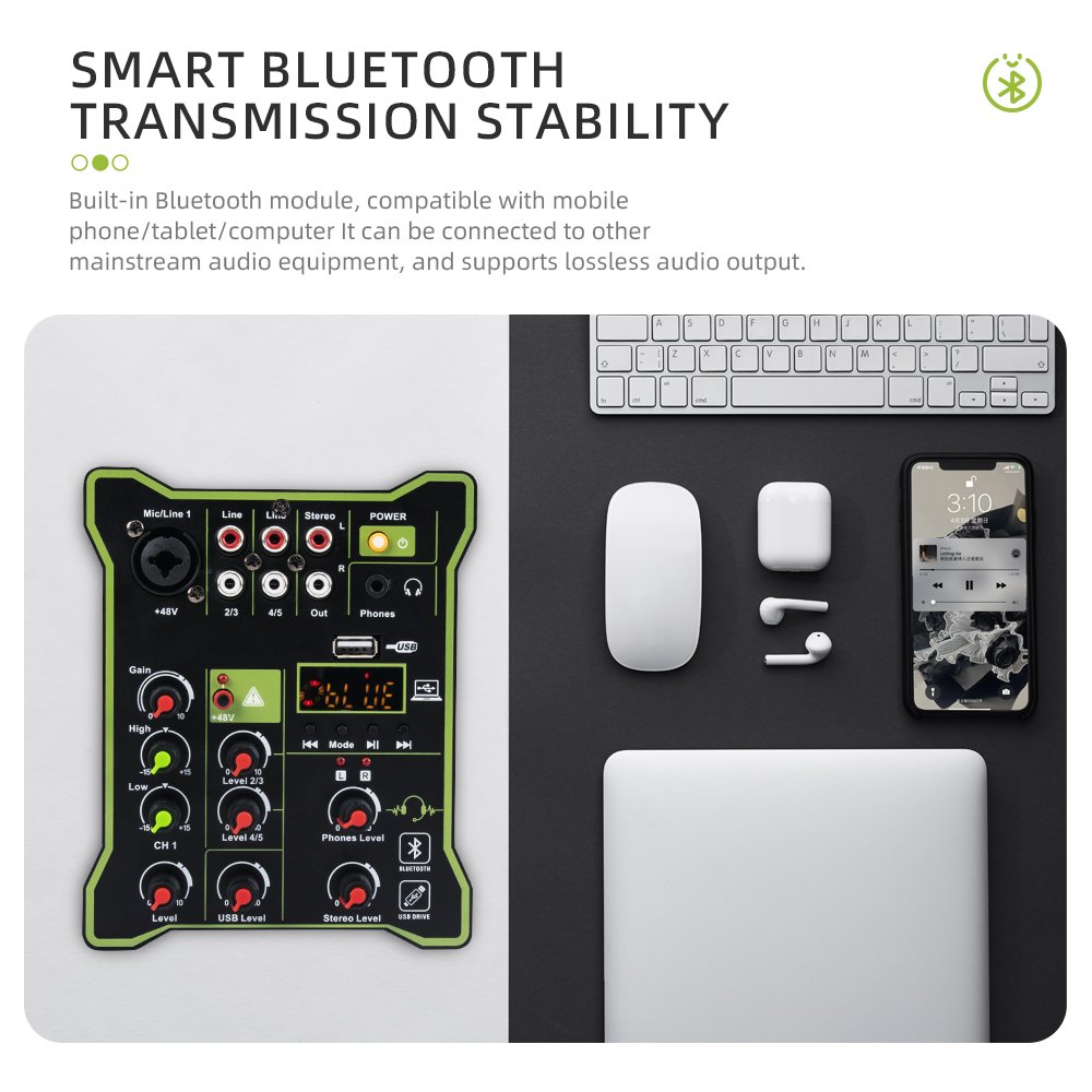 Mini 5 channel mixer + 48V phantom power USB bluetooth DJ stage computer recording workstation audio sound cards & mixers