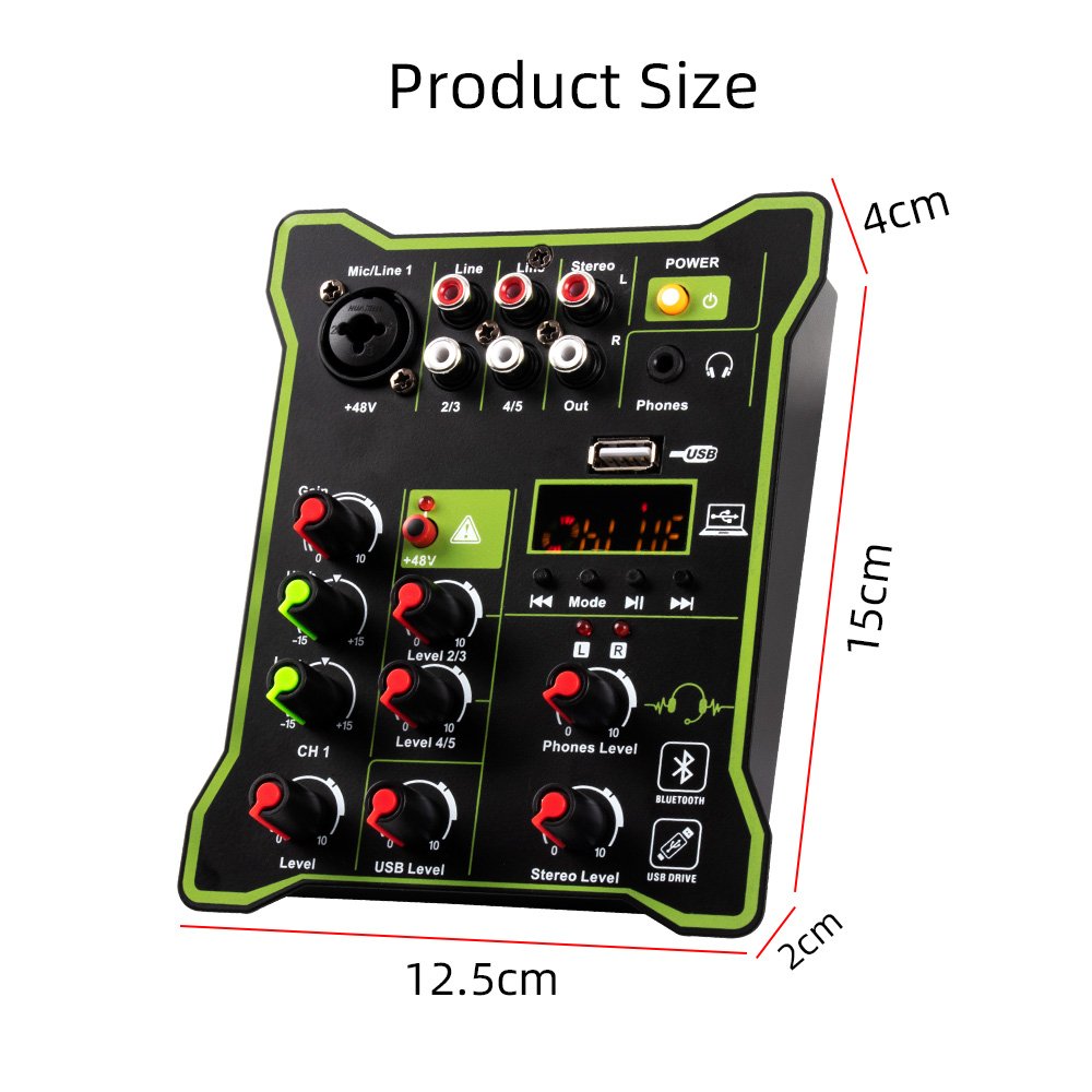 Mini 5 channel mixer + 48V phantom power USB bluetooth DJ stage computer recording workstation audio sound cards & mixers