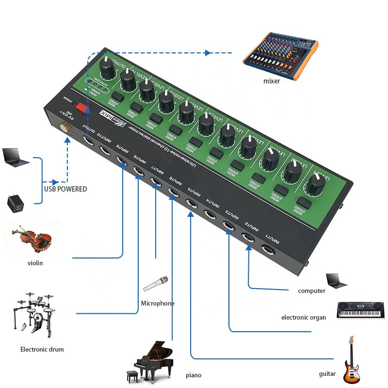 Ultra Low Noise 10 Channel Power DC5V Stereo Mixer Mini Sound Audios Mixer for Small Clubs Bars Guitars Bass Keyboards