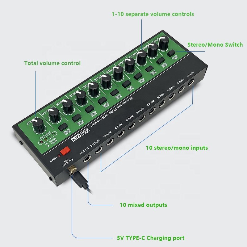 Ultra Low Noise 10 Channel Power DC5V Stereo Mixer Mini Sound Audios Mixer for Small Clubs Bars Guitars Bass Keyboards