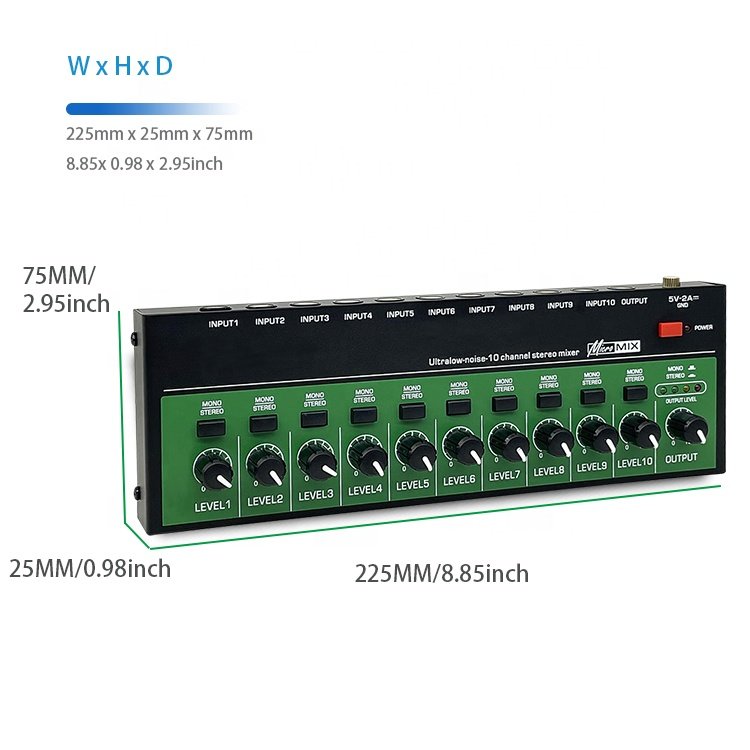 Ultra Low Noise 10 Channel Power DC5V Stereo Mixer Mini Sound Audios Mixer for Small Clubs Bars Guitars Bass Keyboards