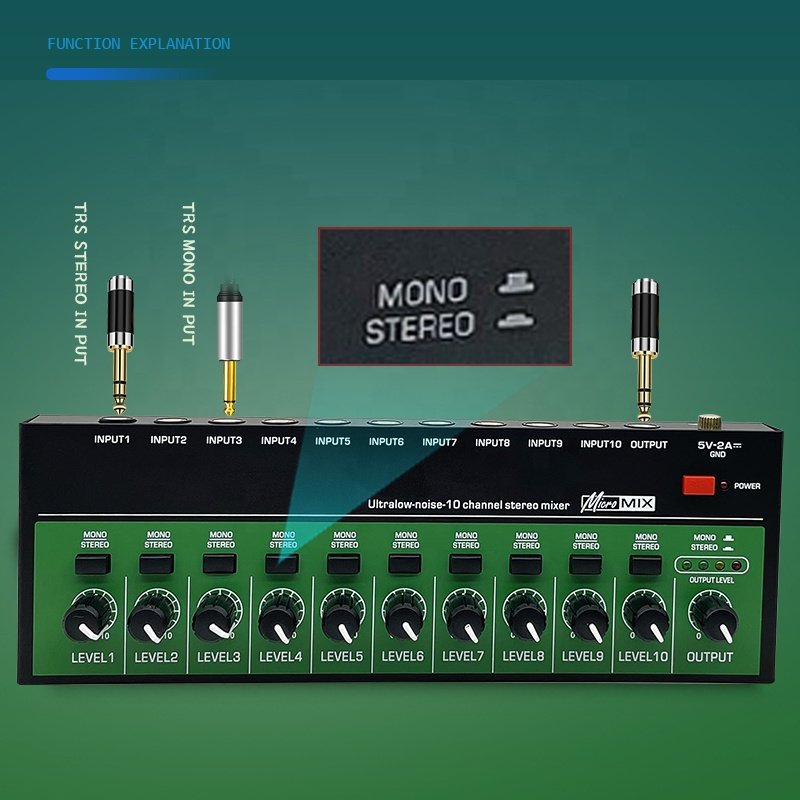 Ultra Low Noise 10 Channel Power DC5V Stereo Mixer Mini Sound Audios Mixer for Small Clubs Bars Guitars Bass Keyboards