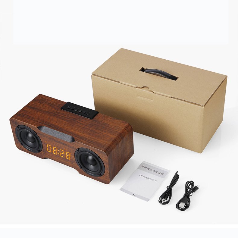 Hifi Built In Microphone 24W 2 horns amplifier Blue-tooth 5.0 Wooden Computer Wireless Speaker Alarm clock
