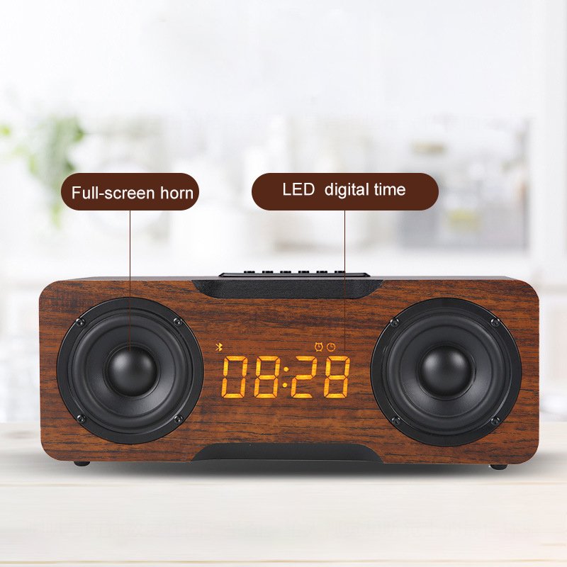 Hifi Built In Microphone 24W 2 horns amplifier Blue-tooth 5.0 Wooden Computer Wireless Speaker Alarm clock