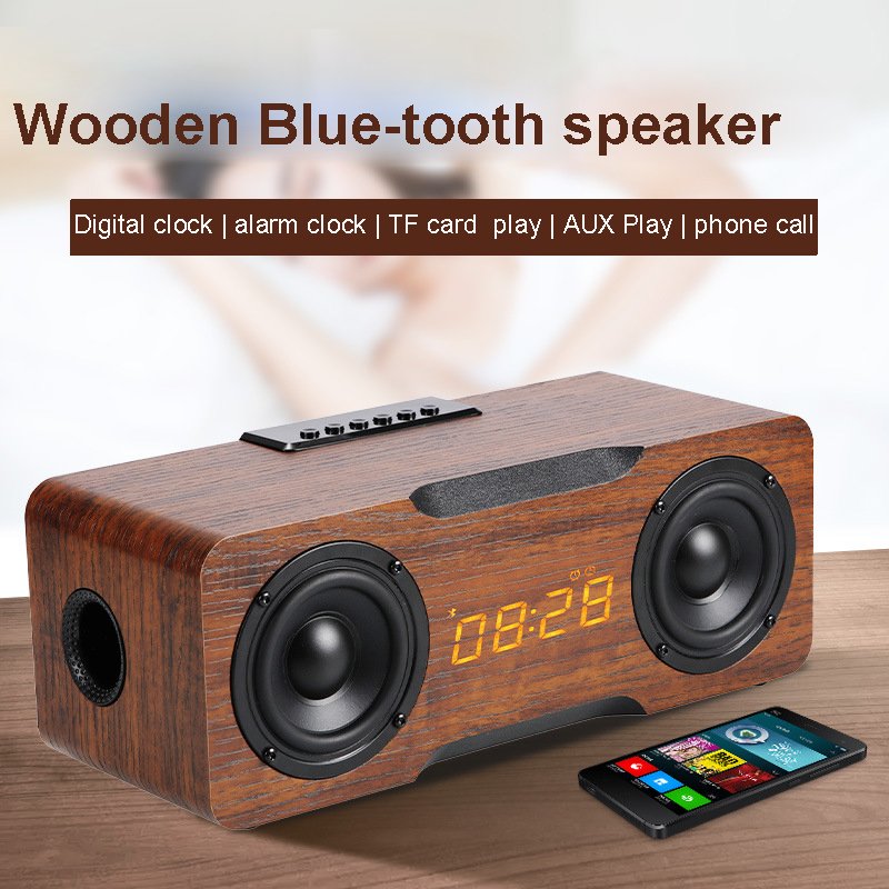 Hifi Built In Microphone 24W 2 horns amplifier Blue-tooth 5.0 Wooden Computer Wireless Speaker Alarm clock