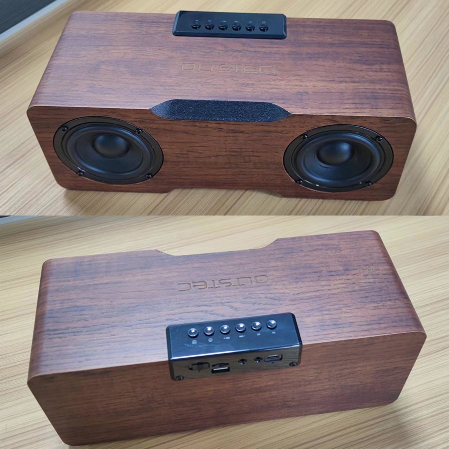 Hifi Built In Microphone 24W 2 horns amplifier Blue-tooth 5.0 Wooden Computer Wireless Speaker Alarm clock
