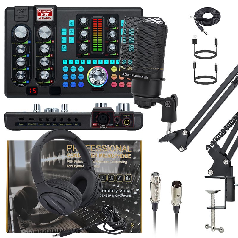 Sound Card and Microphone Studio Podcast Equipment Bundle Mini Audio Interface Podcast Mixer Sound Card with Full Accessories