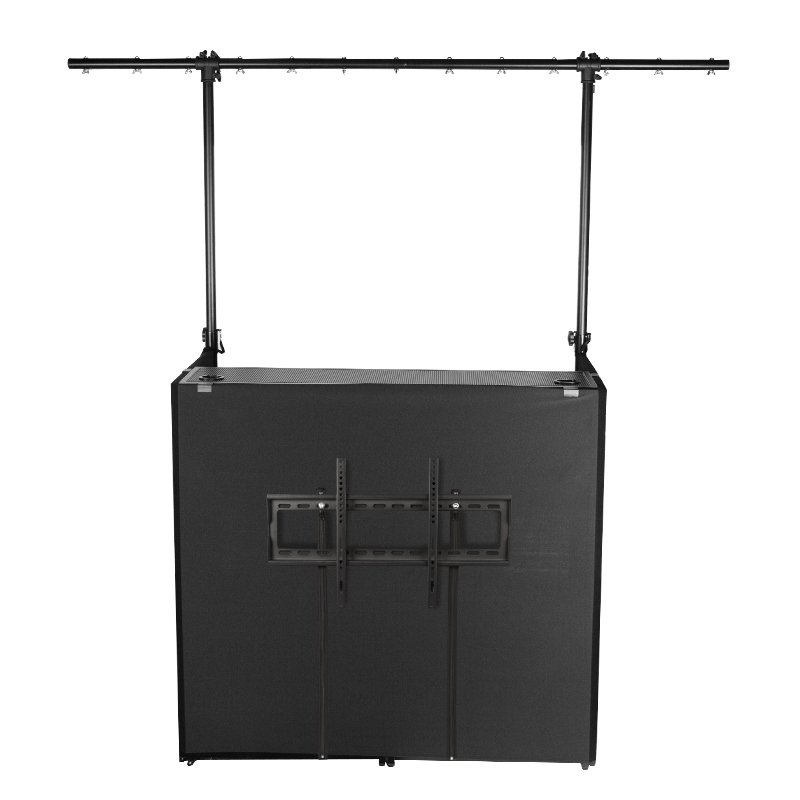 Professional foldable DJ booth steel frame with black borders, TV bracket, lighting stand, and audio equipment