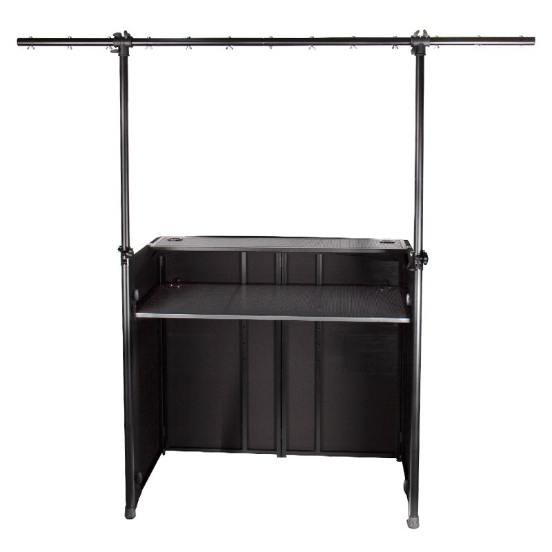 Professional foldable DJ booth steel frame with black borders, TV bracket, lighting stand, and audio equipment