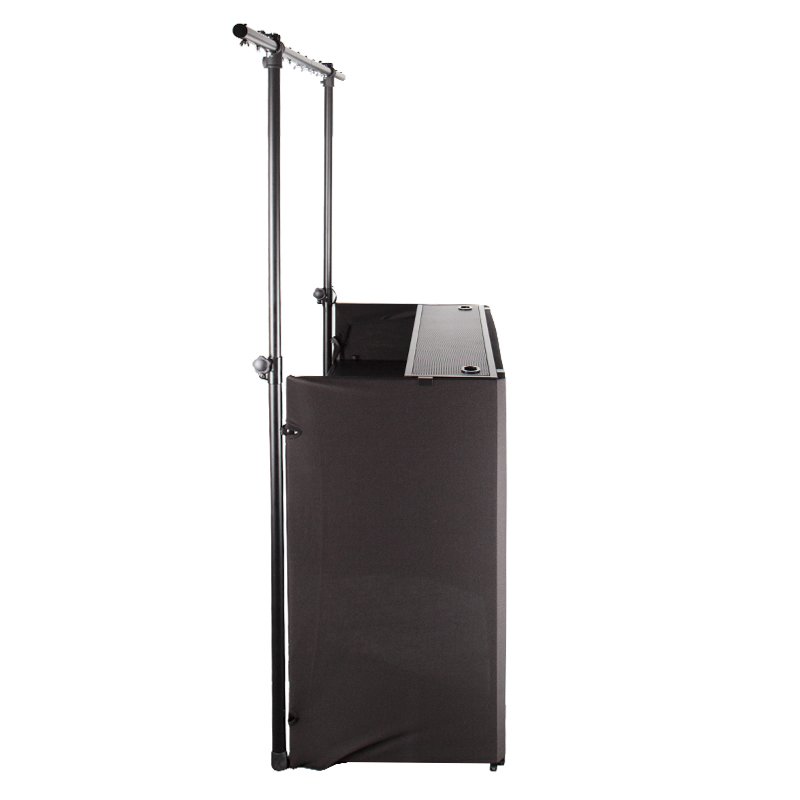 Professional foldable DJ booth steel frame with black borders, TV bracket, lighting stand, and audio equipment