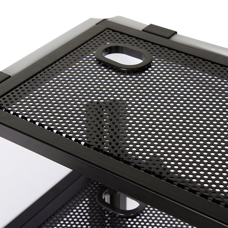 Professional foldable DJ booth steel frame with black borders, TV bracket, lighting stand, and audio equipment