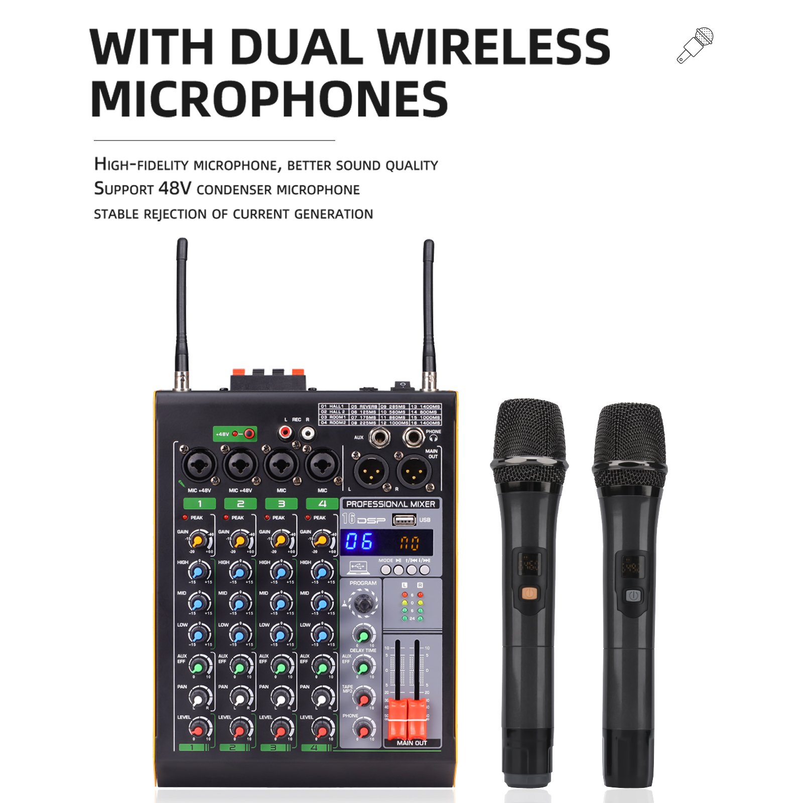 Portable 16DSP 4 Channel Mixer with Wireless Microphone USB BT Power Mixer Studio DJ Recording Monitor Audio Sound Card Mixer