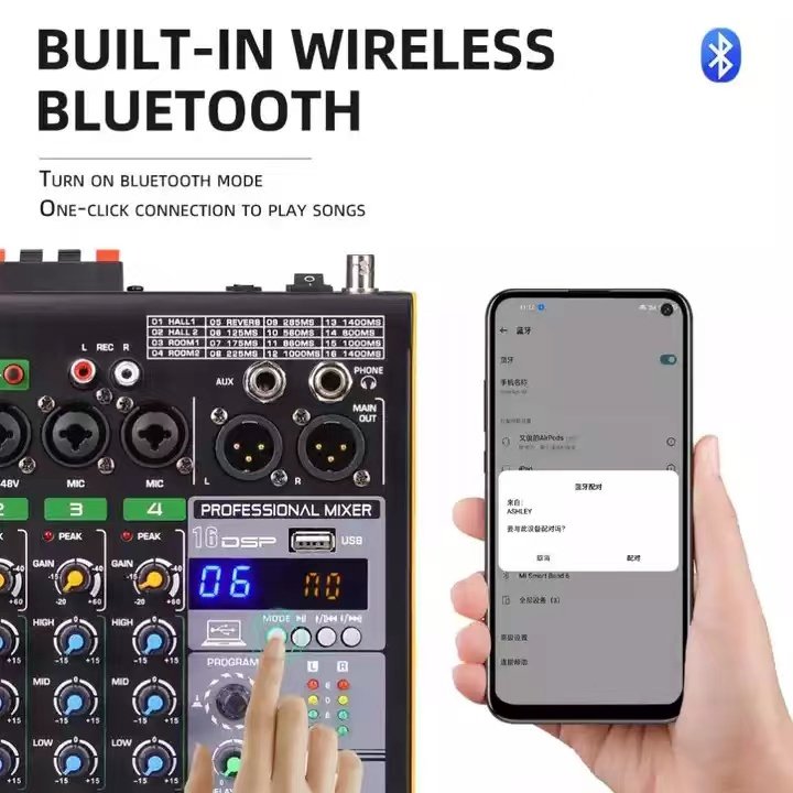 Portable 16DSP 4 Channel Mixer with Wireless Microphone USB BT Power Mixer Studio DJ Recording Monitor Audio Sound Card Mixer