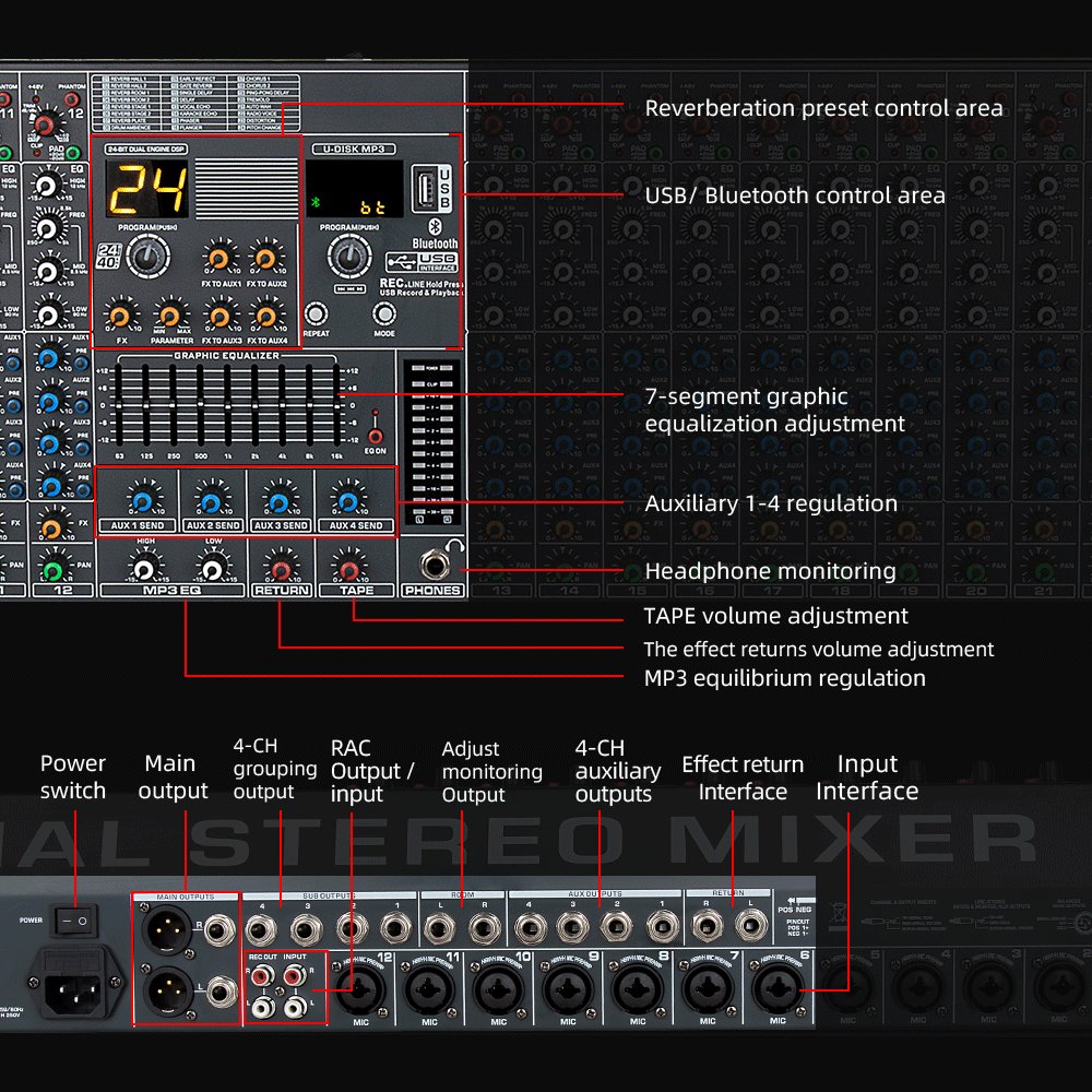Professional DJ Controller/Audio Console Mixer with USB+Bluetooth+24DSP Effect for Sound Equipment, 24 Channel Mixing Console