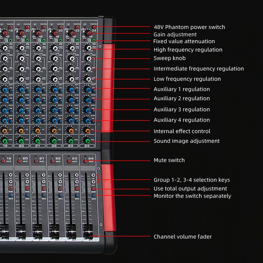 Professional DJ Controller/Audio Console Mixer with USB+Bluetooth+24DSP Effect for Sound Equipment, 24 Channel Mixing Console