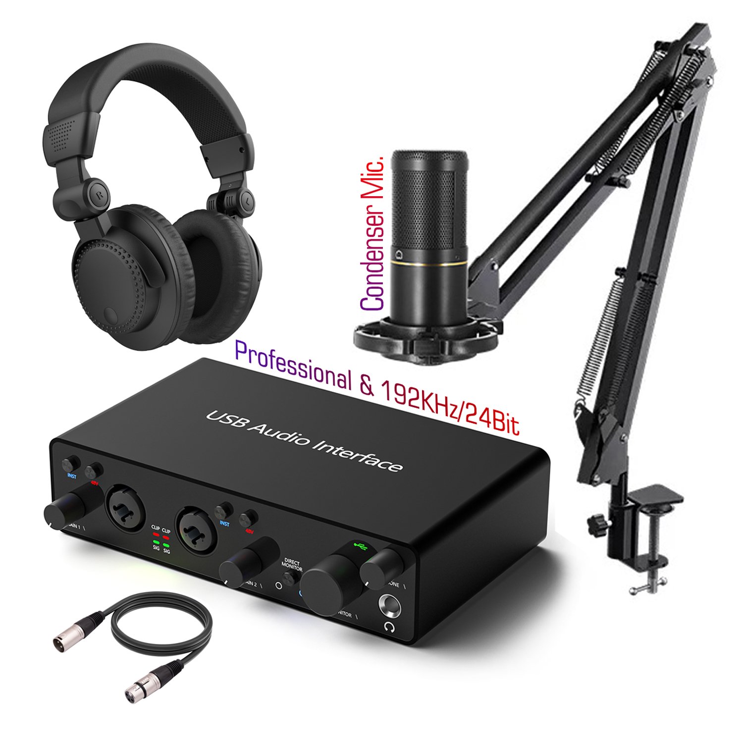 Professional Studio Condenser Microphone Headphone USB Audio Interface Sound Card Bundle Kit Podcast Equipment Set Recording Mic