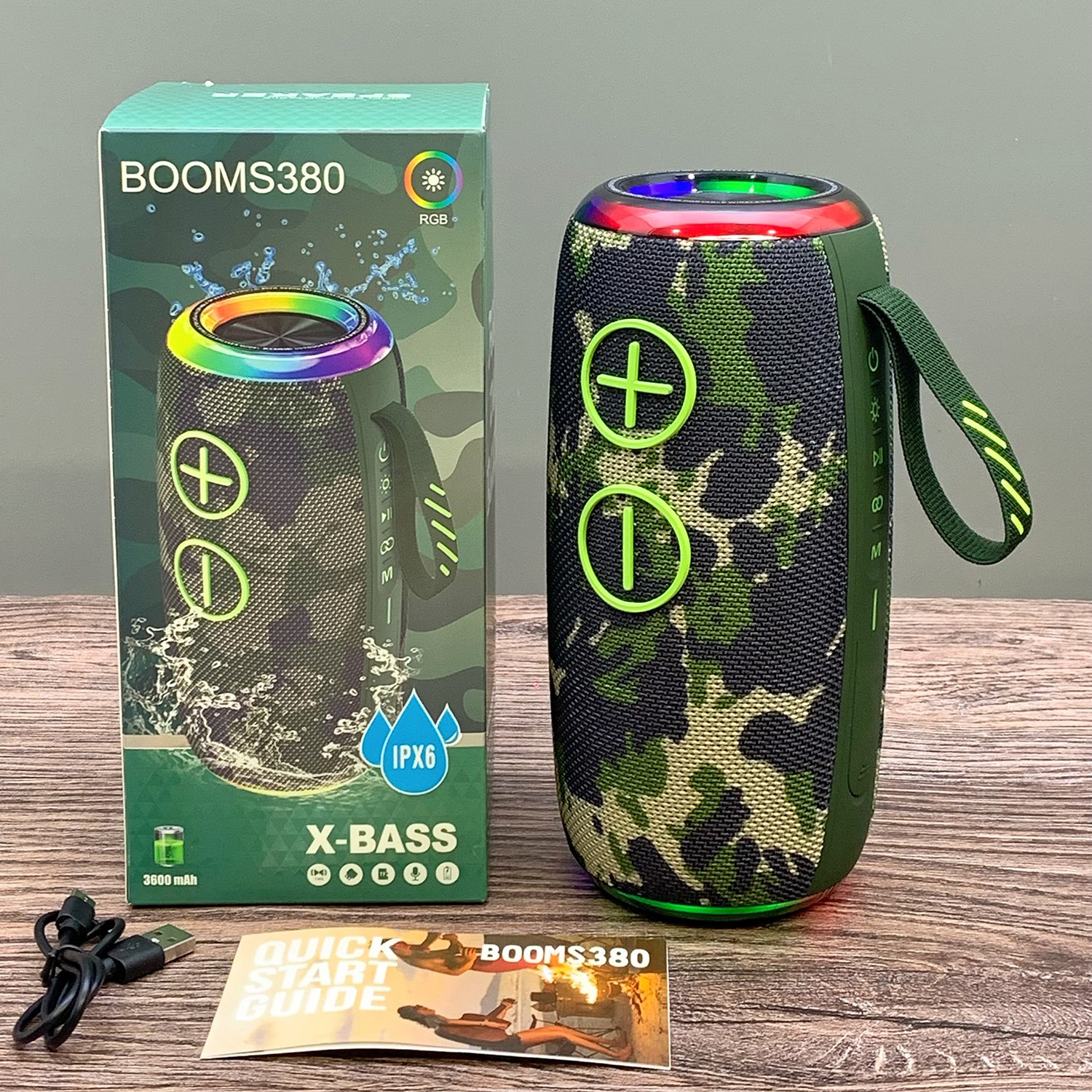 BOOMS380 Wireless Blue-tooth Hifi Stereo Bass Boombox Speaker LED RGB Light BT Outdoor Portable Woofer Fabric Waterproof Speaker