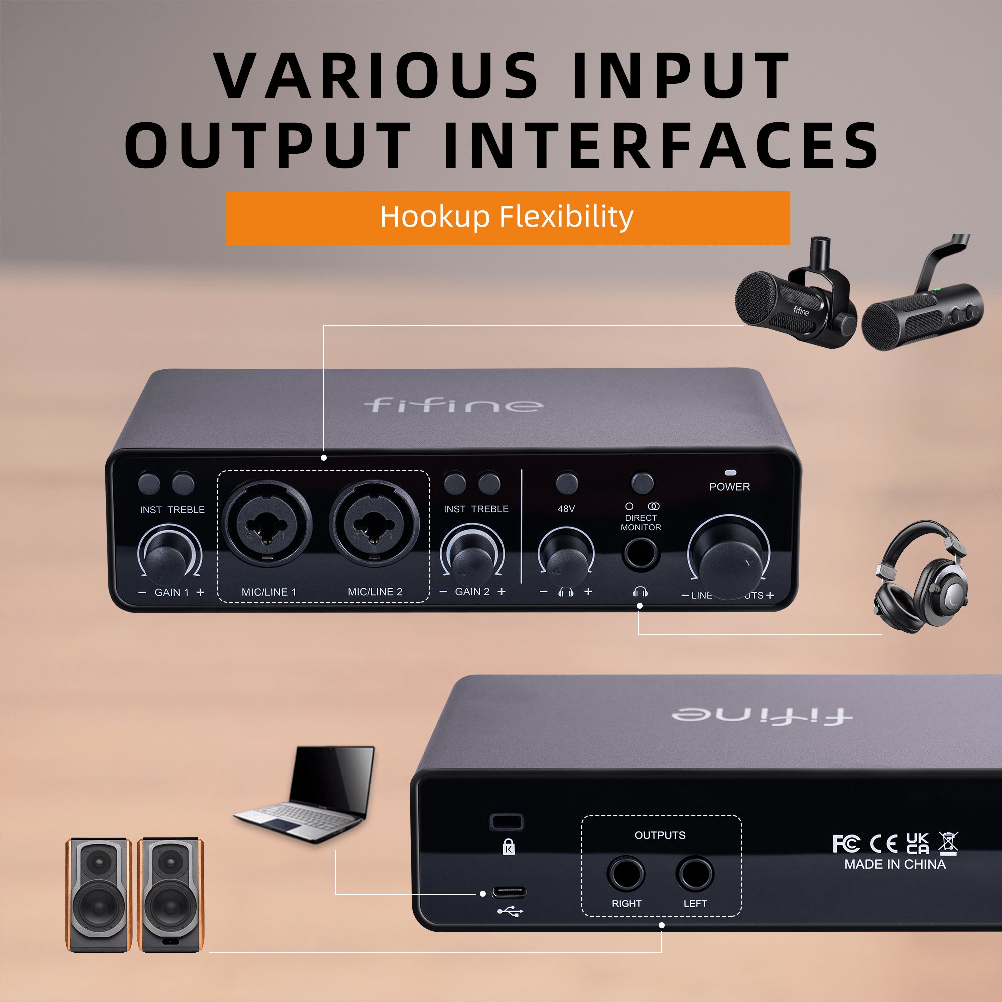 Fifine 16bit/24bit 192KHz Sound Card Soundcard Audio Mixer Professional 2 Channel Studio External Sound Card Audio Interface