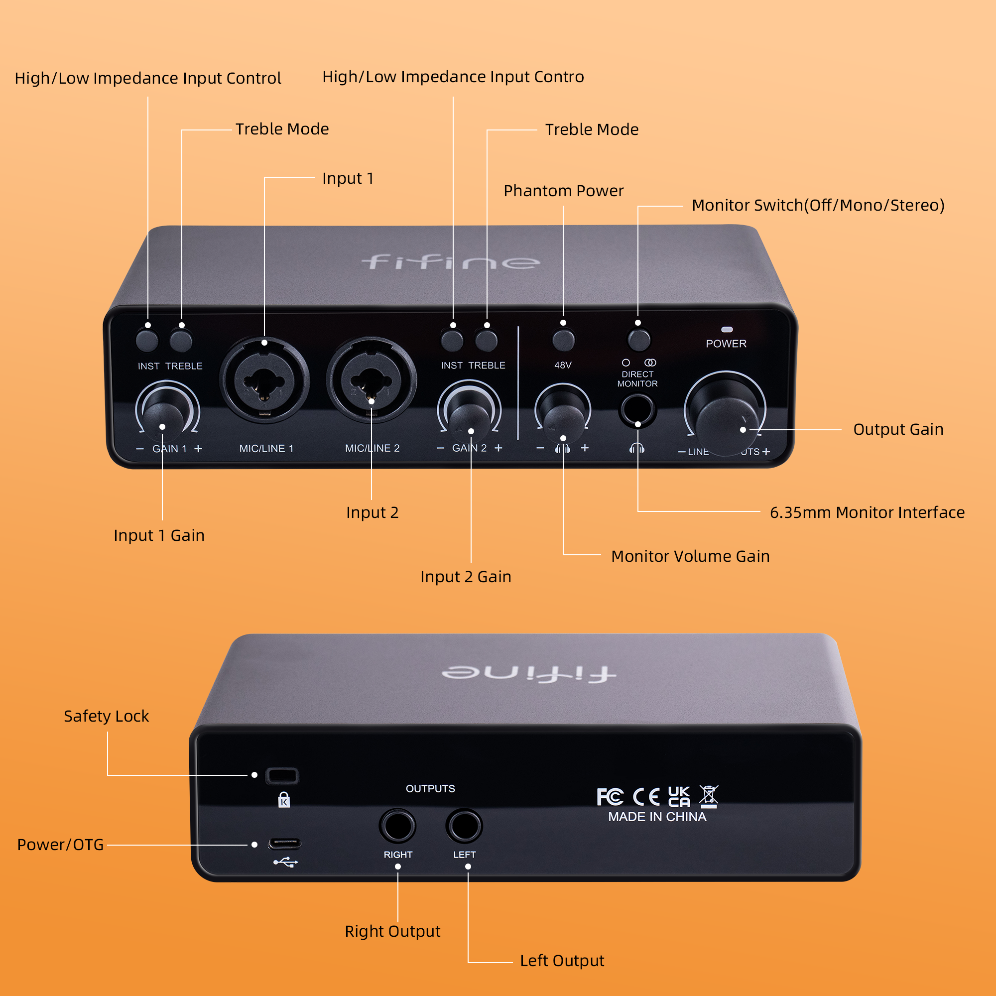 Fifine 16bit/24bit 192KHz Sound Card Soundcard Audio Mixer Professional 2 Channel Studio External Sound Card Audio Interface