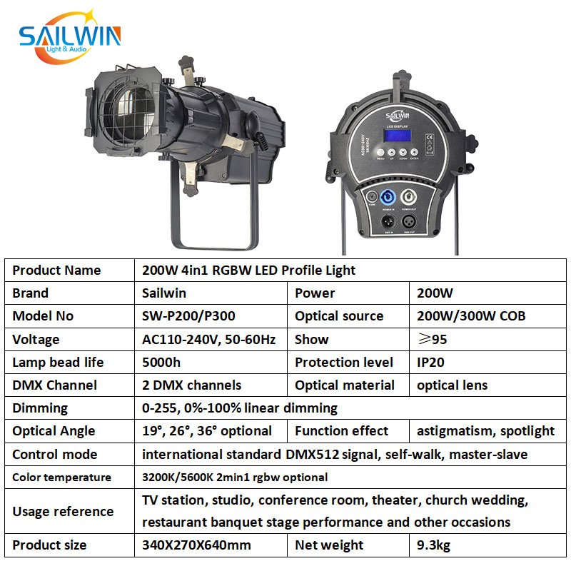 Sailwin SW-P200 200W 4in1 RGBW LED Spot Profile Light for Theater Light Church Stage Lighting