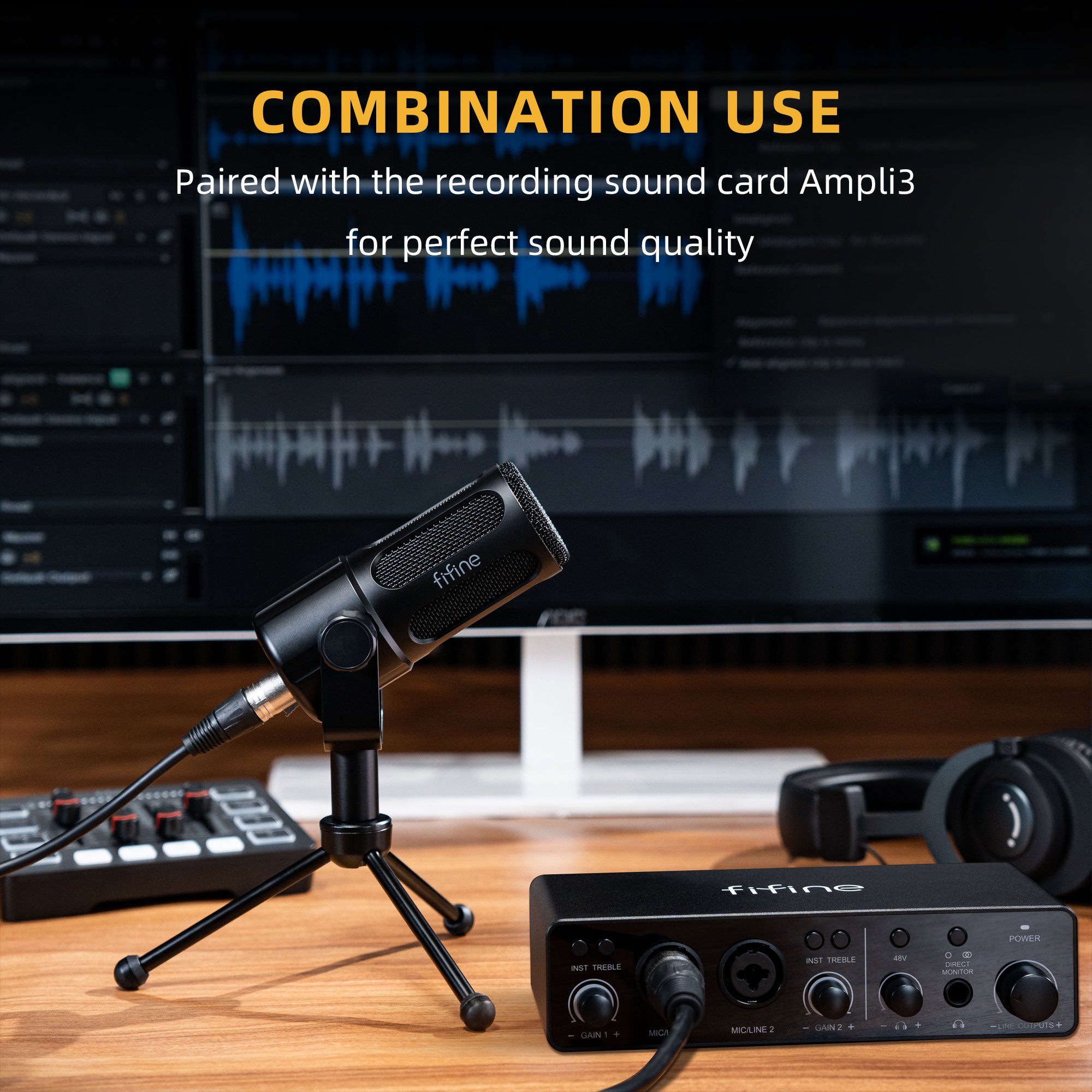 Fifine 48V recording studio sound card studio mic professional live authentic audio interface soundcard dynamic microphone