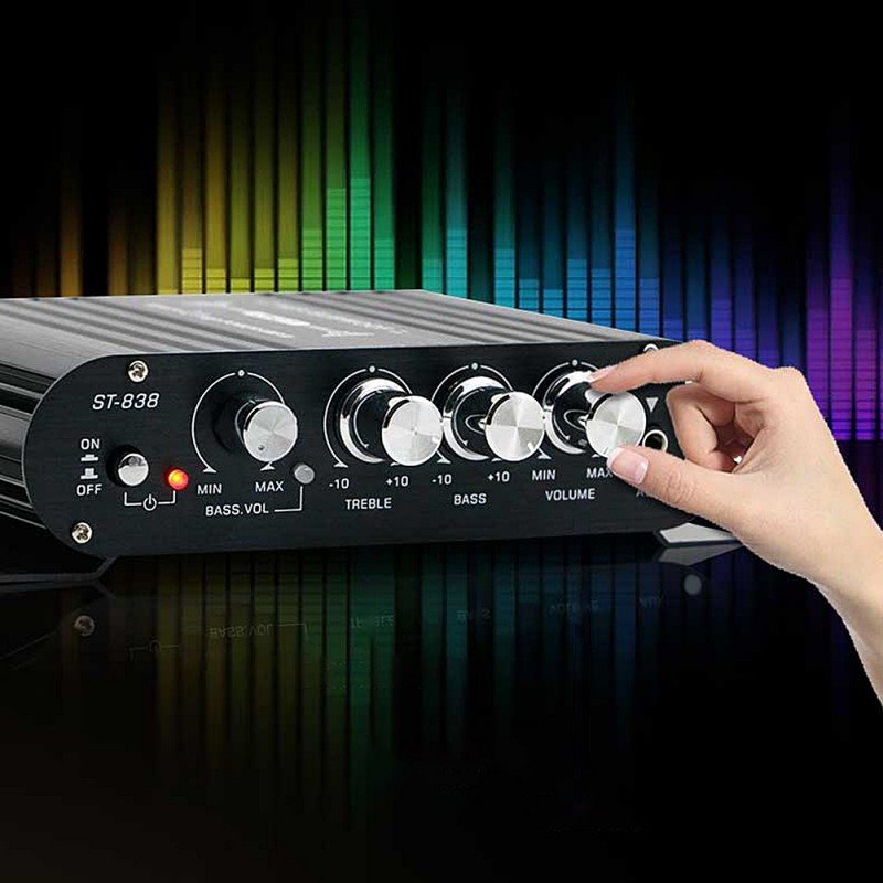 ST-838 HiFi Digital Subwoofer Amplifier Stereo 2.1 Channel Sound System 12V Home Car MP3 Mini Power Amplifier Black