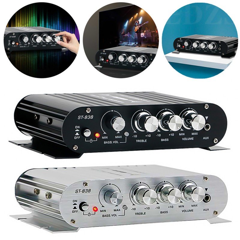 ST-838 HiFi Digital Subwoofer Amplifier Stereo 2.1 Channel Sound System 12V Home Car MP3 Mini Power Amplifier Black
