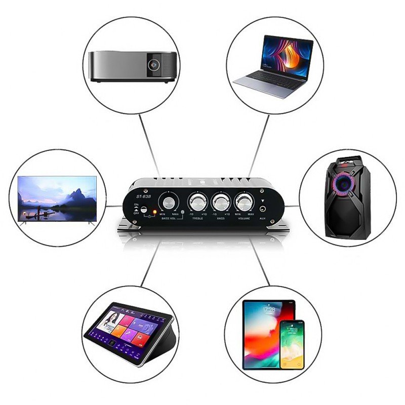 ST-838 HiFi Digital Subwoofer Amplifier Stereo 2.1 Channel Sound System 12V Home Car MP3 Mini Power Amplifier Black