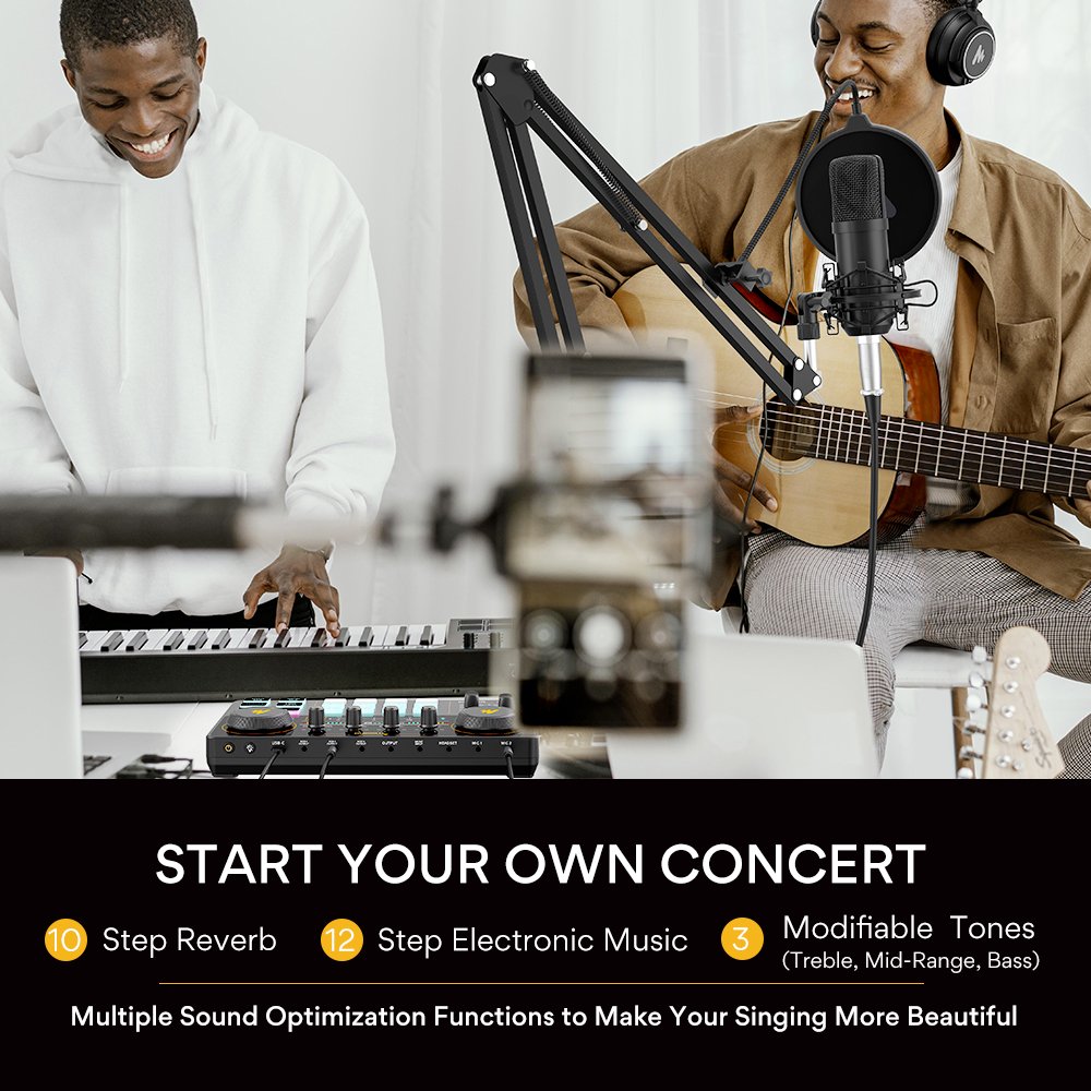 MAONO CASTER Professional Sound Card with 25mm Condenser Studio Microphones Podcast Audio Interface Live Streaming Bundle Mixers