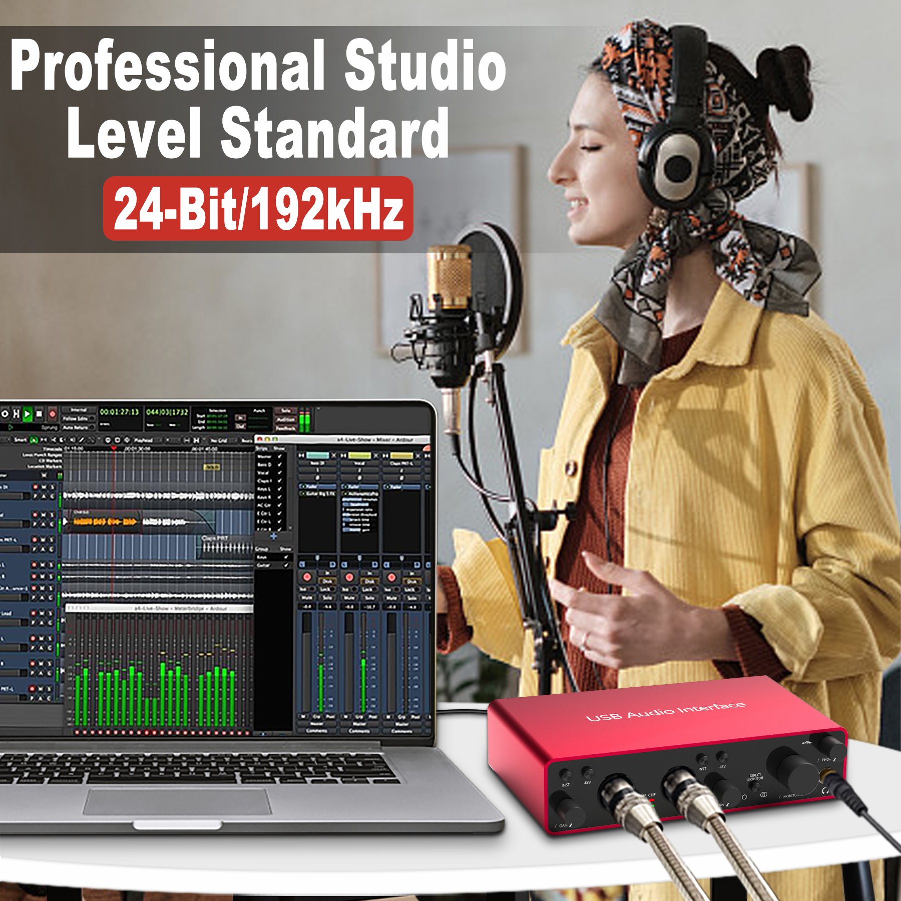 Professional Condenser Studio Microphone Monitor Headphone Vlogging Bundle USB Audio Interface Sound Card Kit Podcast Recording