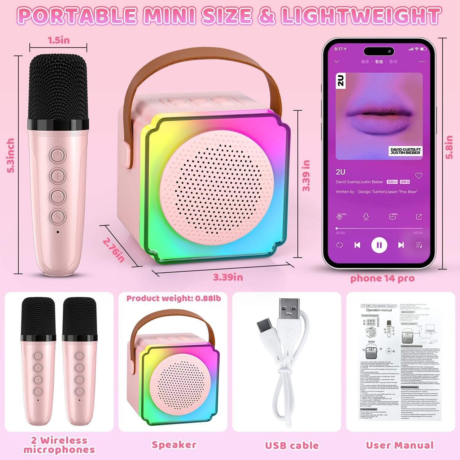YLL Mini Karaoke Machine For Kids Adults, Portable Bluetooth Speaker With 2 Wireless Microphones