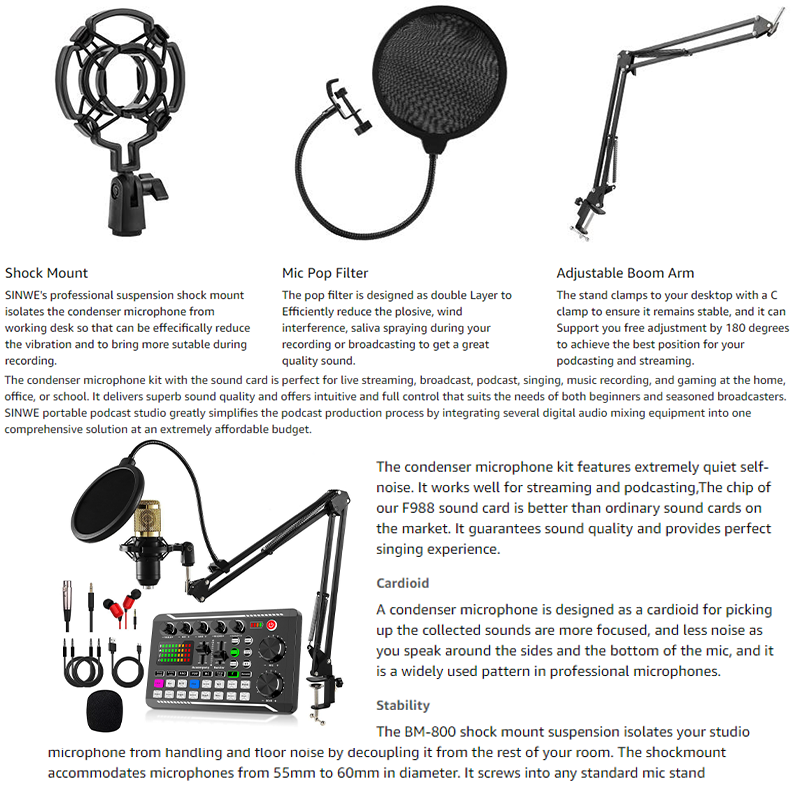 Podcast Equipment Bundle Sound Card DJ Mixer Portable ALL-IN-ONE Podcast Production Studio Sound Board with Condenser Microphone