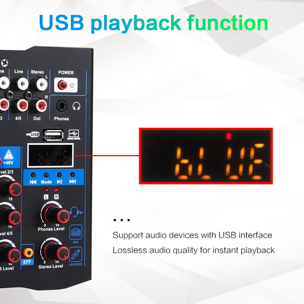 Portable 5 Channel Sound Card Mixer with Dual Wireless Microphone USB Audio DJ Mixer Built-in Delay Effect & Bluetooth Function
