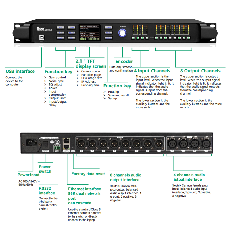 live sound equipment 4 in 8 output fir DSP audio processor for line array subwoofers speaker