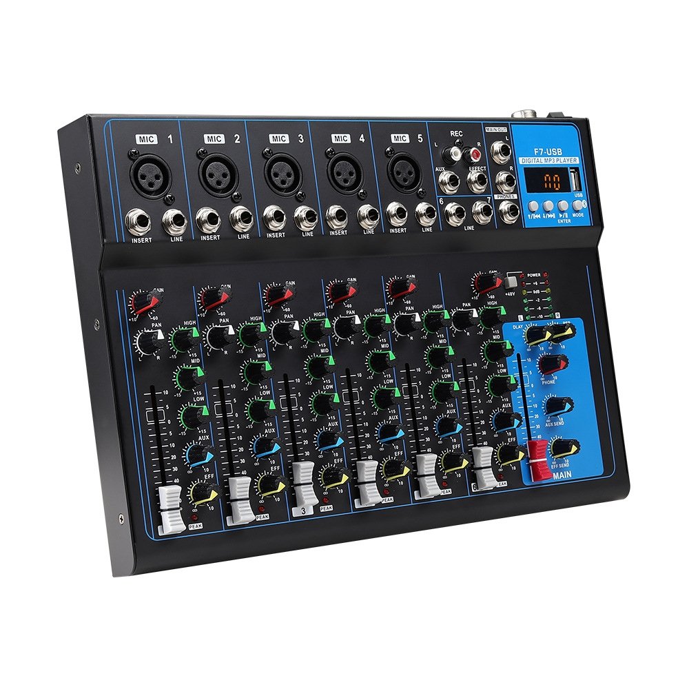 Mini 7 channel USB digital mixer with/48V Phantom powered mixer console/ 7-Channel Live Studio Audio Sound USB Mixer