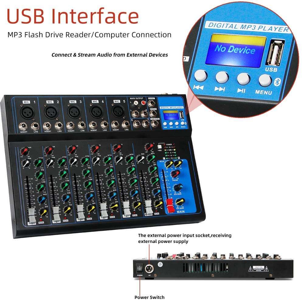 Mini 7 channel USB digital mixer with/48V Phantom powered mixer console/ 7-Channel Live Studio Audio Sound USB Mixer