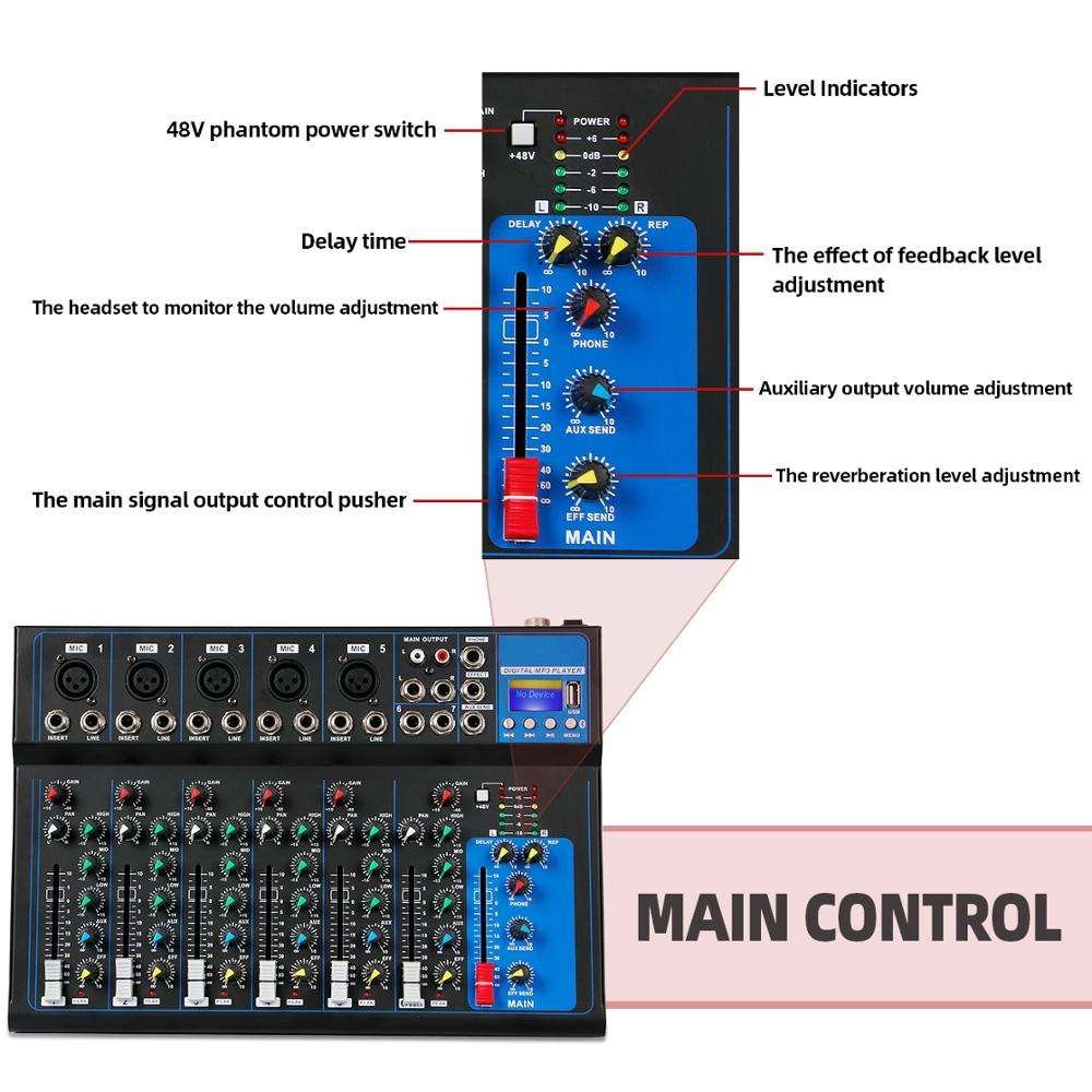 Mini 7 channel USB digital mixer with/48V Phantom powered mixer console/ 7-Channel Live Studio Audio Sound USB Mixer