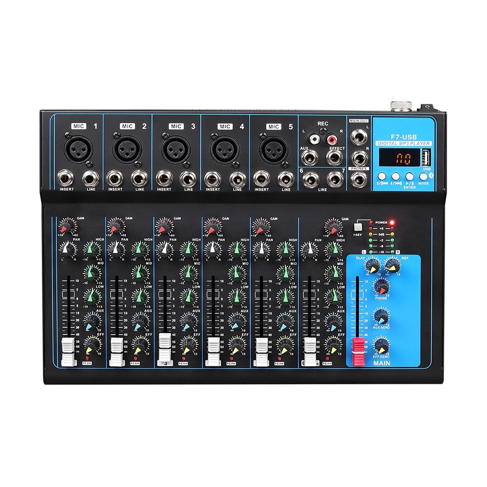 Mini 7 channel USB digital mixer with/48V Phantom powered mixer console/ 7-Channel Live Studio Audio Sound USB Mixer