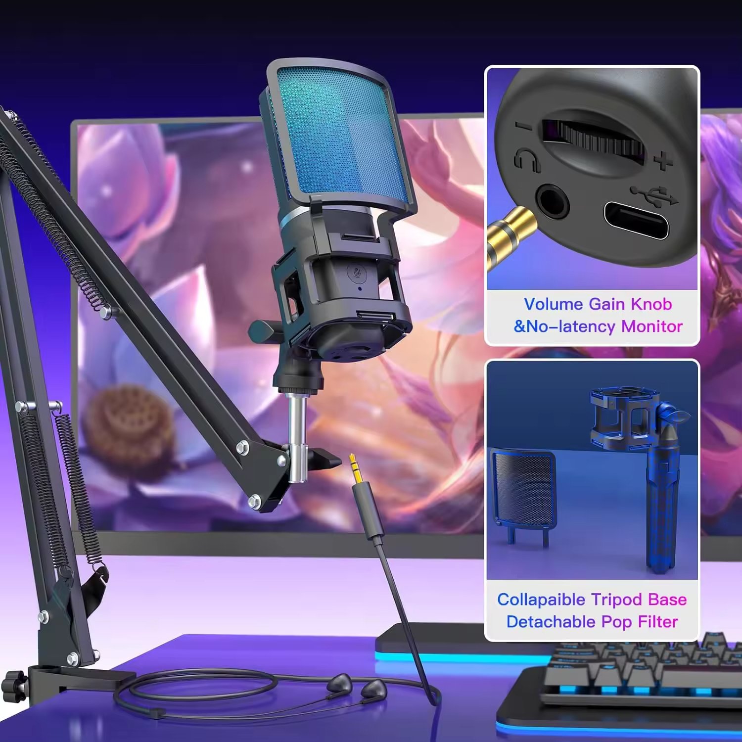 Music Studio Equipment Professional RGB USB Gaming Microphones With Arm Condenser Mic SM7B Microphone