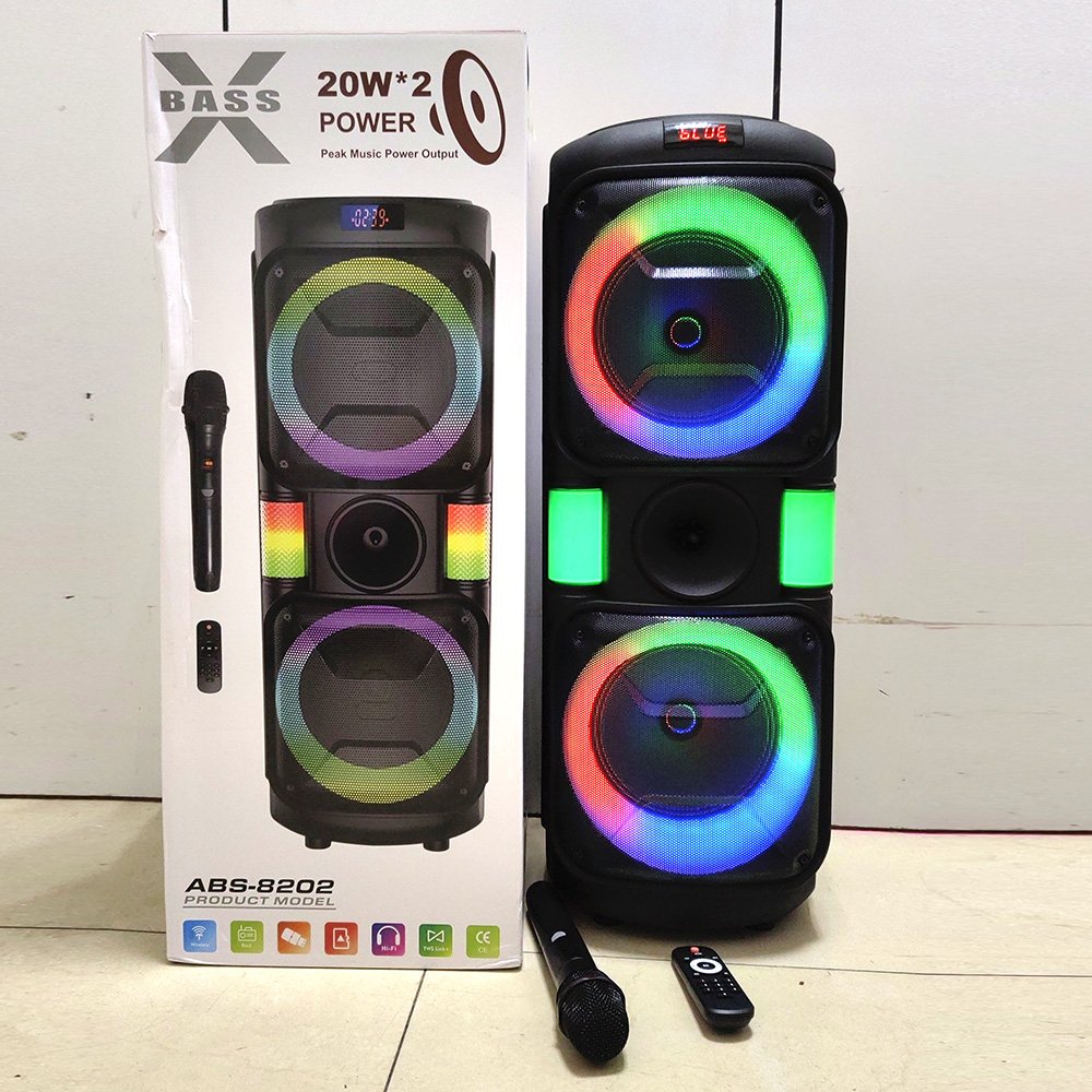 ABS-8202 Double 8 inch loud supper bass Wireless RGB Light Karaoke Party bluetooth Speaker with wireless Mic outdoor speaker
