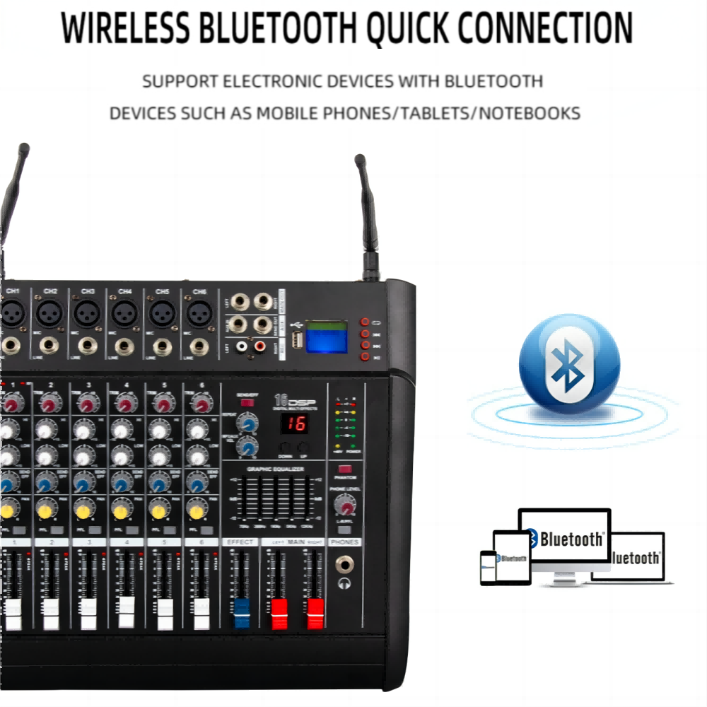 Professional build-in power amplifier 6 way sound card mixer with 2 wireless microphones 6 channel power powered audio mixer