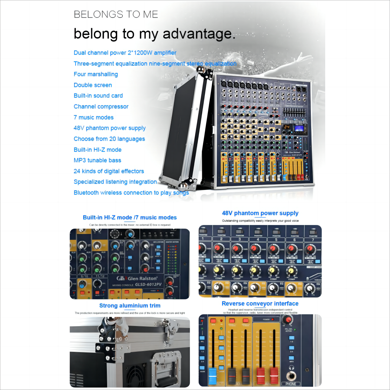 Demao audio sound cards & mixers 12 Channel USB BT Mixing Console High Power Equipment 1200 watts DSP Digital Effects
