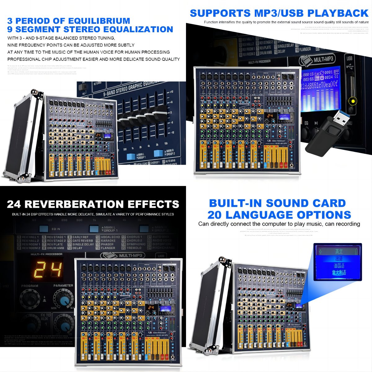 Demao audio sound cards & mixers 12 Channel USB BT Mixing Console High Power Equipment 1200 watts DSP Digital Effects