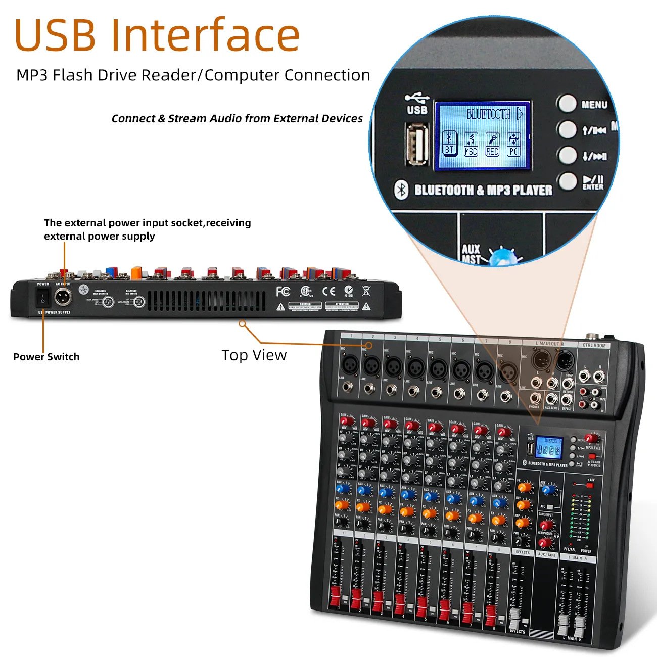 Professional DJ mixer 8 channel USB Blueteeth microphone sound mixer audio karaoke power 48V audio sound cards mixer