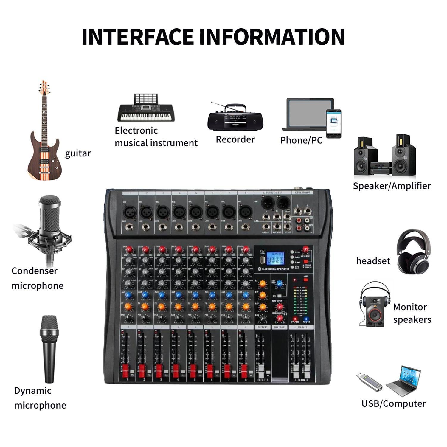 Professional DJ mixer 8 channel USB Blueteeth microphone sound mixer audio karaoke power 48V audio sound cards mixer