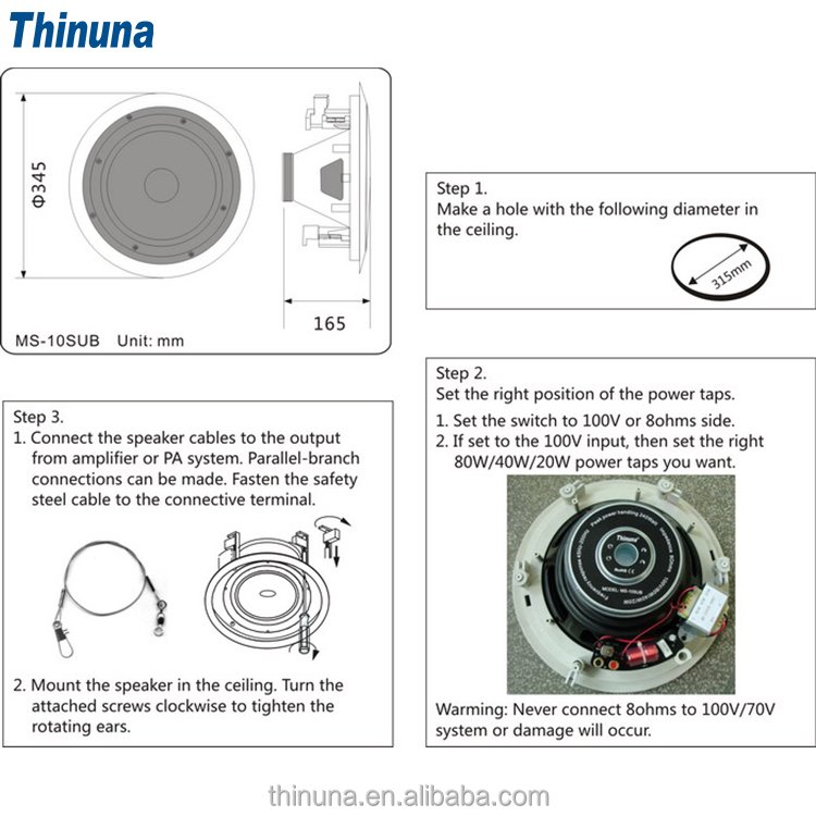 Thinuna MS-10SUB-L II PA System Audio Subwoofer 10 Inch Passive 240 Watt Bass Fixed Resistance Ceiling Sub Woofer Speaker